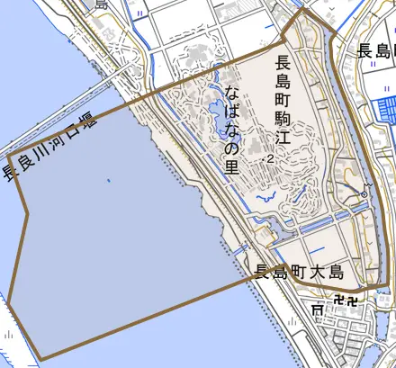 長島町駒江とその周辺の地図。町の範囲を重ねている