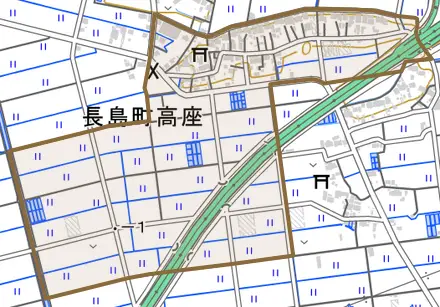 長島町高座とその周辺の地図。町の範囲を重ねている