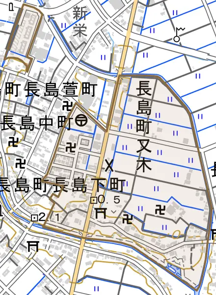 長島町又木とその周辺の地図。町の範囲を重ねている