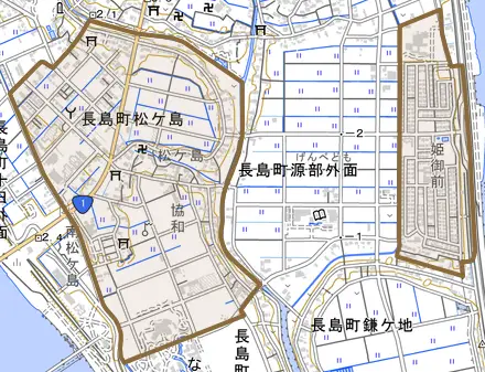 長島町松ケ島とその周辺の地図。町の範囲を重ねている