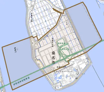 長島町松蔭とその周辺の地図。町の範囲を重ねている