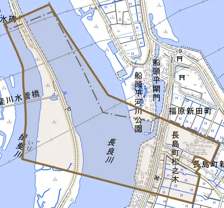 長島町松之木とその周辺の地図。町の範囲を重ねている