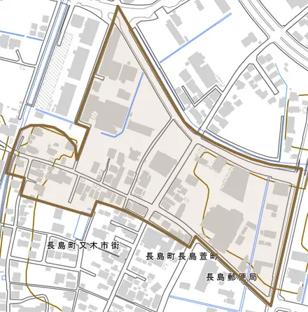 長島町長島萱町とその周辺の地図。町の範囲を重ねている