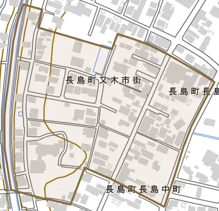 長島町長島中町とその周辺の地図。町の範囲を重ねている