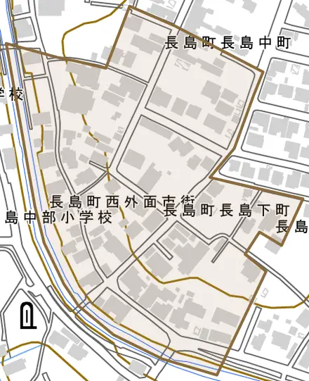 長島町長島下町とその周辺の地図。町の範囲を重ねている