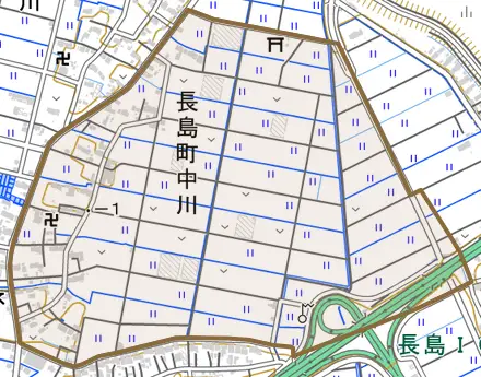 長島町中川とその周辺の地図。町の範囲を重ねている