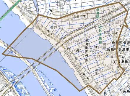 長島町西外面とその周辺の地図。町の範囲を重ねている