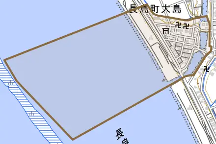 長島町大島とその周辺の地図。町の範囲を重ねている
