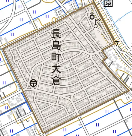 長島町大倉とその周辺の地図。町の範囲を重ねている