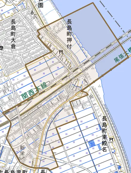 長島町押付とその周辺の地図。町の範囲を重ねている