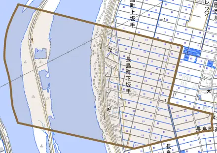 長島町下坂手とその周辺の地図。町の範囲を重ねている