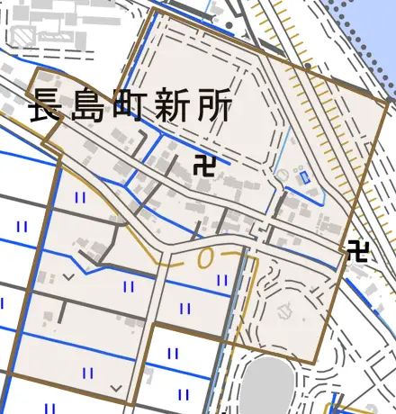 長島町新所とその周辺の地図。町の範囲を重ねている