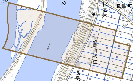長島町杉江とその周辺の地図。町の範囲を重ねている