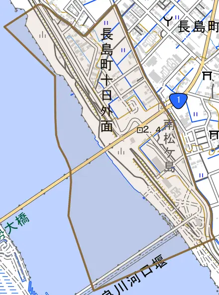長島町十日外面とその周辺の地図。町の範囲を重ねている