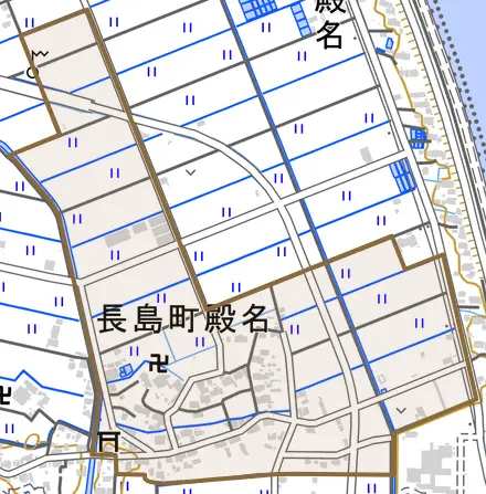 長島町殿名とその周辺の地図。町の範囲を重ねている