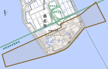 長島町浦安とその周辺の地図。町の範囲を重ねている