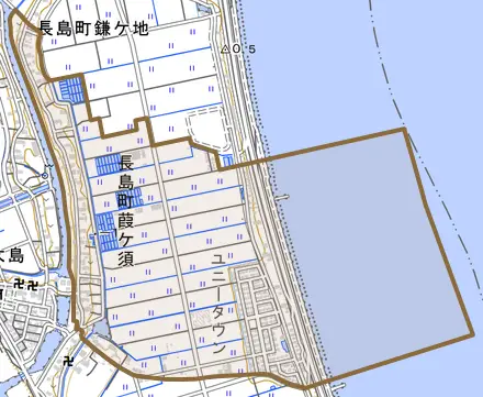 長島町葭ケ須とその周辺の地図。町の範囲を重ねている