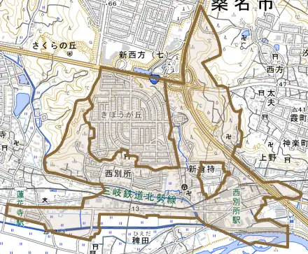 大字西別所とその周辺の地図。町の範囲を重ねている