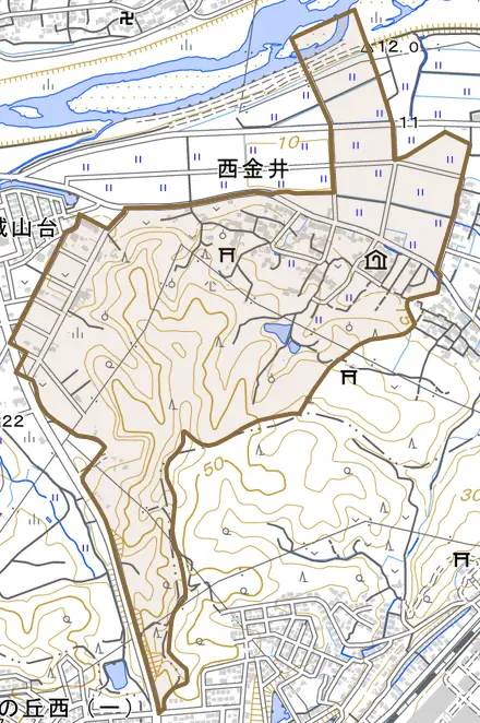 大字西金井とその周辺の地図。町の範囲を重ねている