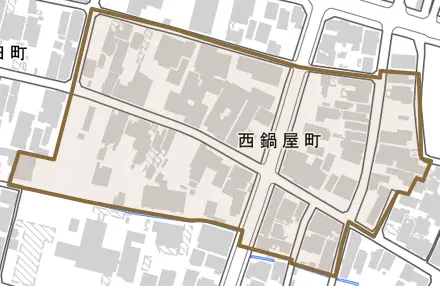 西鍋屋町とその周辺の地図。町の範囲を重ねている