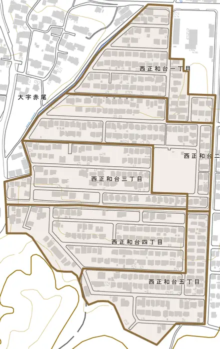 西正和台とその周辺の地図。町の範囲を重ねている
