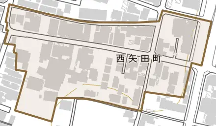 西矢田町とその周辺の地図。町の範囲を重ねている
