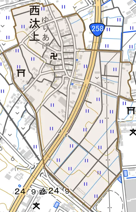大字西汰上とその周辺の地図。町の範囲を重ねている