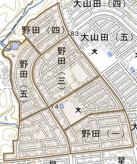 野田とその周辺の地図。町の範囲を重ねている