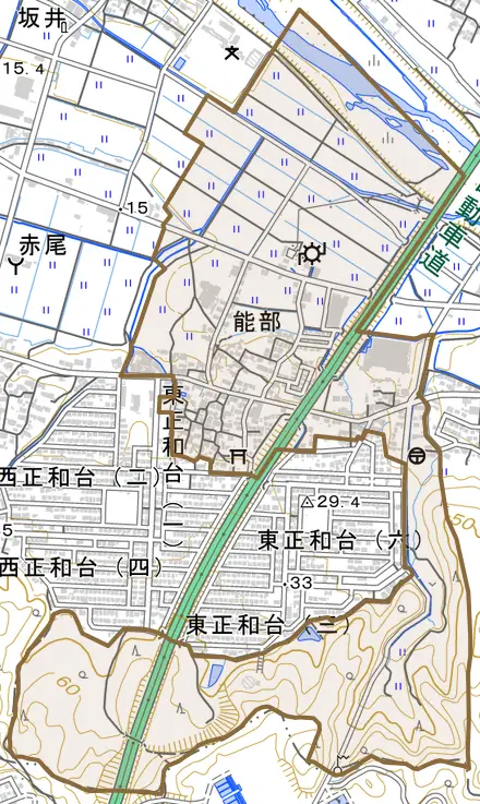 大字能部とその周辺の地図。町の範囲を重ねている