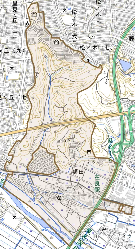 大字額田とその周辺の地図。町の範囲を重ねている