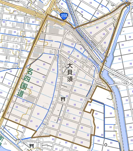 大字大貝須とその周辺の地図。町の範囲を重ねている