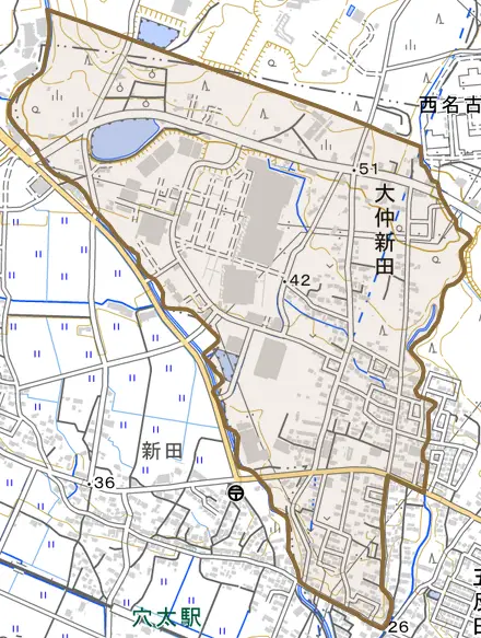 大字大仲新田とその周辺の地図。町の範囲を重ねている