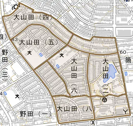 大山田とその周辺の地図。町の範囲を重ねている