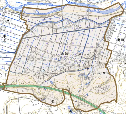 大字志知とその周辺の地図。町の範囲を重ねている