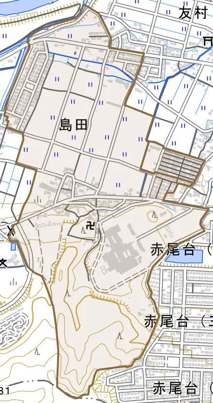 大字島田とその周辺の地図。町の範囲を重ねている