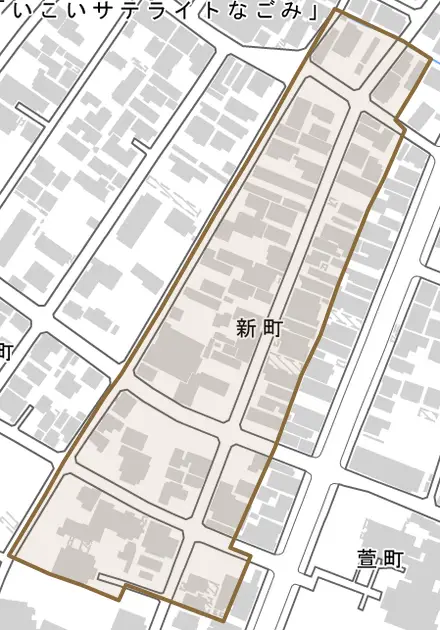 新町とその周辺の地図。町の範囲を重ねている