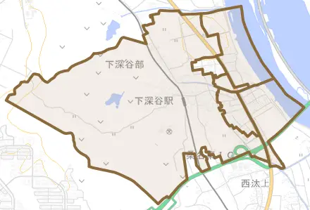 大字下深谷部とその周辺の地図。町の範囲を重ねている