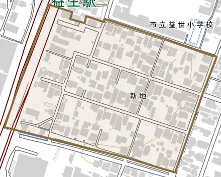 新地とその周辺の地図。町の範囲を重ねている