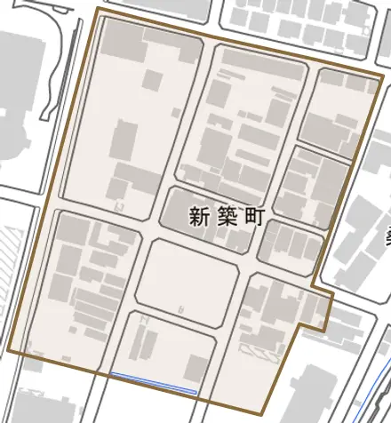 新築町とその周辺の地図。町の範囲を重ねている