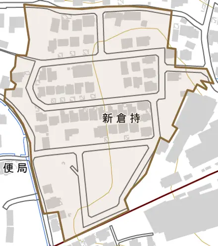 新倉持とその周辺の地図。町の範囲を重ねている