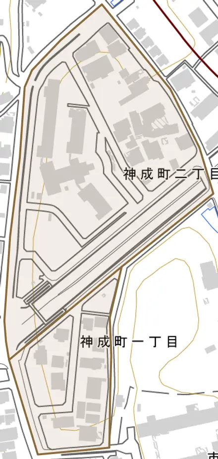 神成町とその周辺の地図。町の範囲を重ねている