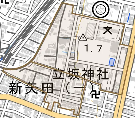 新矢田とその周辺の地図。町の範囲を重ねている
