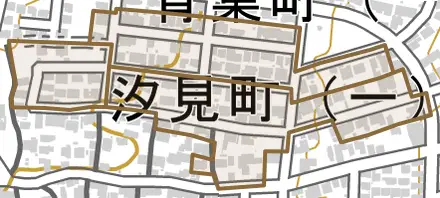 汐見町とその周辺の地図。町の範囲を重ねている