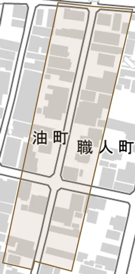 職人町とその周辺の地図。町の範囲を重ねている