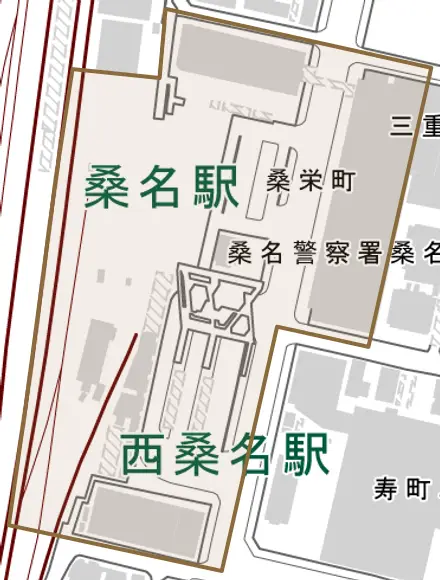 桑栄町とその周辺の地図。町の範囲を重ねている