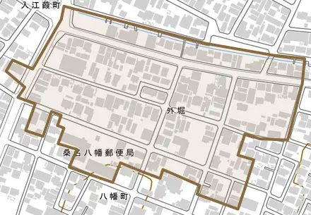 外堀とその周辺の地図。町の範囲を重ねている
