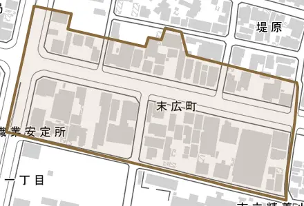末広町とその周辺の地図。町の範囲を重ねている