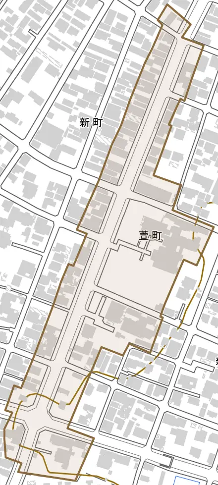萱町とその周辺の地図。町の範囲を重ねている
