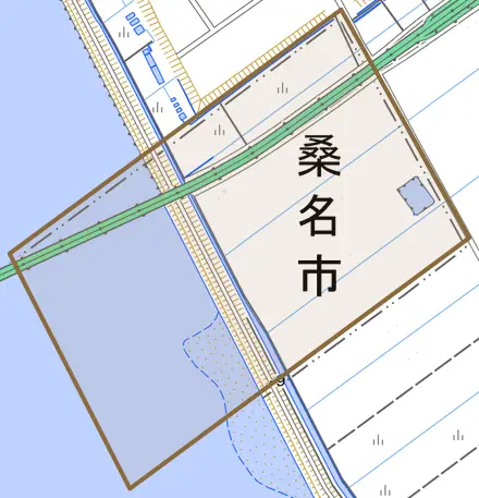 長島町老松とその周辺の地図。町の範囲を重ねている