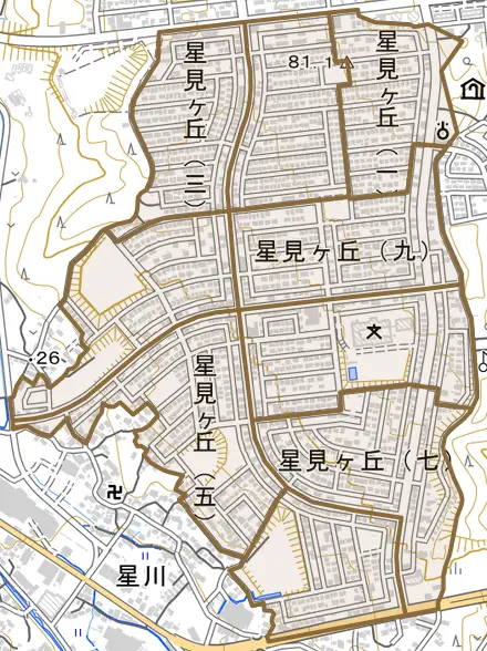 星見ヶ丘とその周辺の地図。町の範囲を重ねている